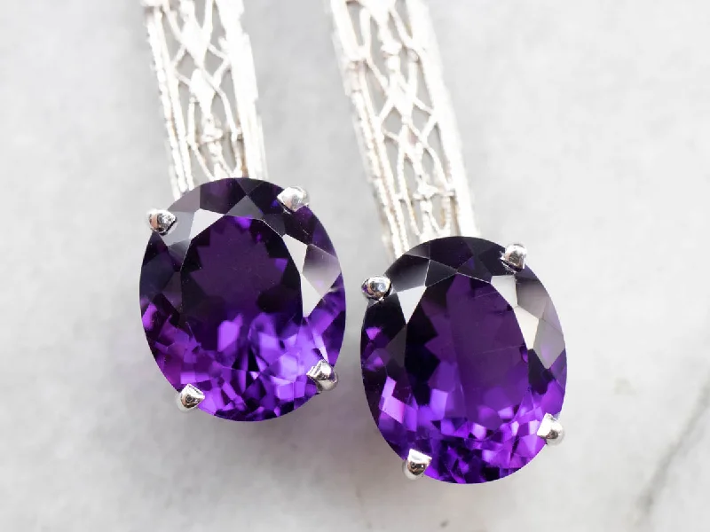 Ladies earrings modern designs-Amethyst Filigree Drop Earrings in White Gold