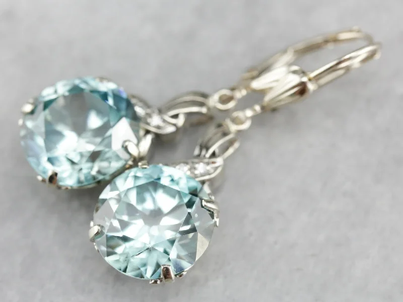 Ladies earrings white gold-Blue Zircon and Diamond Drop Earrings