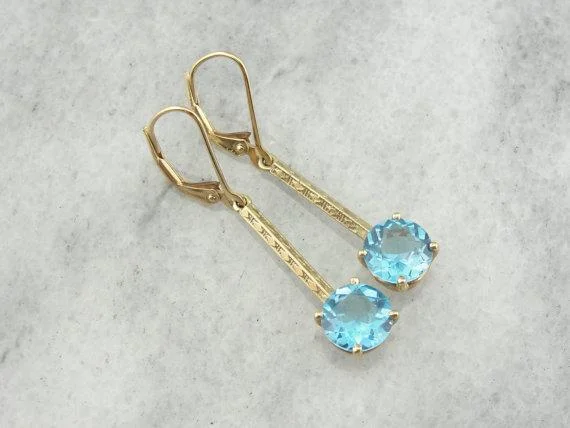 Ladies earrings buying tips-Blue Topaz  in Vintage Fine Gold Drop Earrings