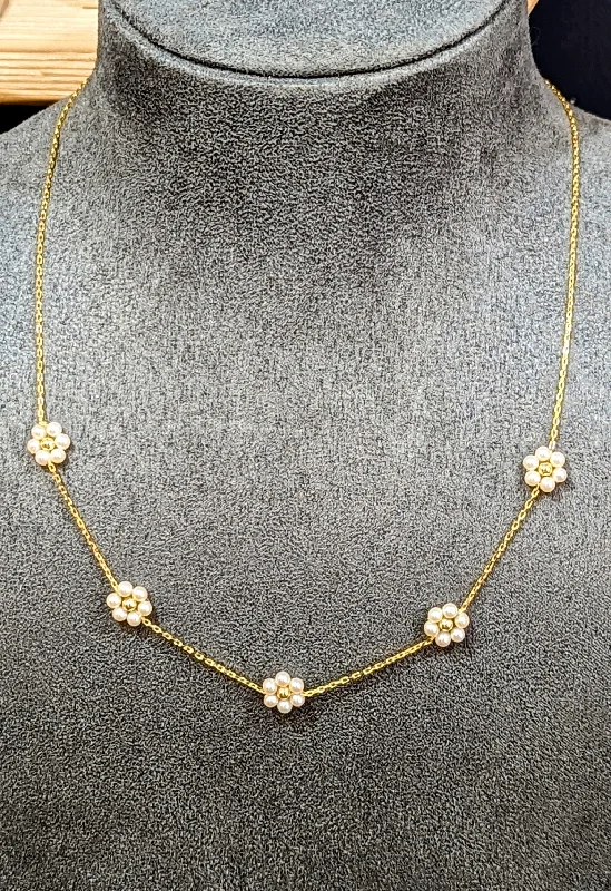 Ladies necklaces bridal essentials-Sterling Silver & Gold Pearl Flower Cluster Necklace