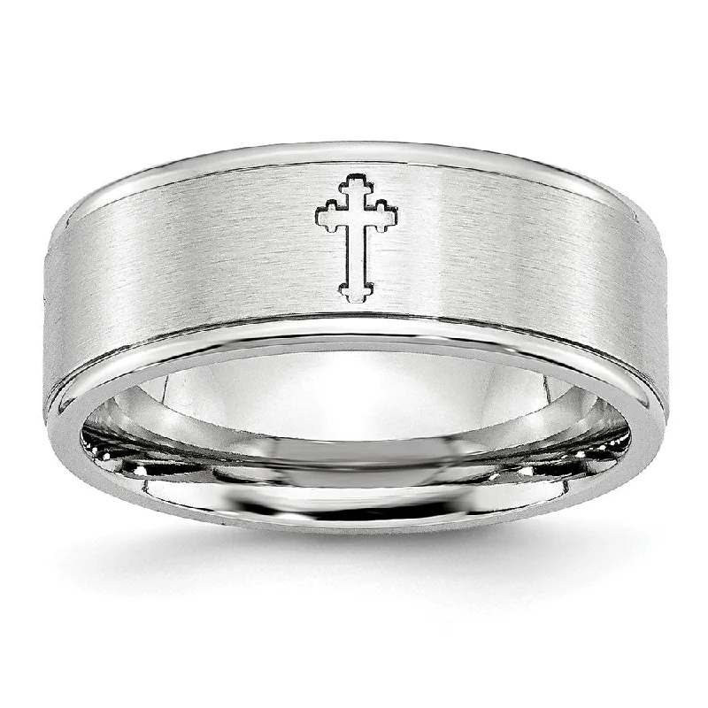 Ladies rings investment value-8mm Cobalt Budded Cross Ridged Edge Comfort Fit Band