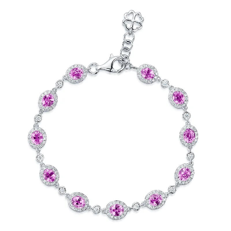 Ladies bracelets discount deals-18ct White Gold Oval Pink Sapphire And Diamond Cluster Bracelet