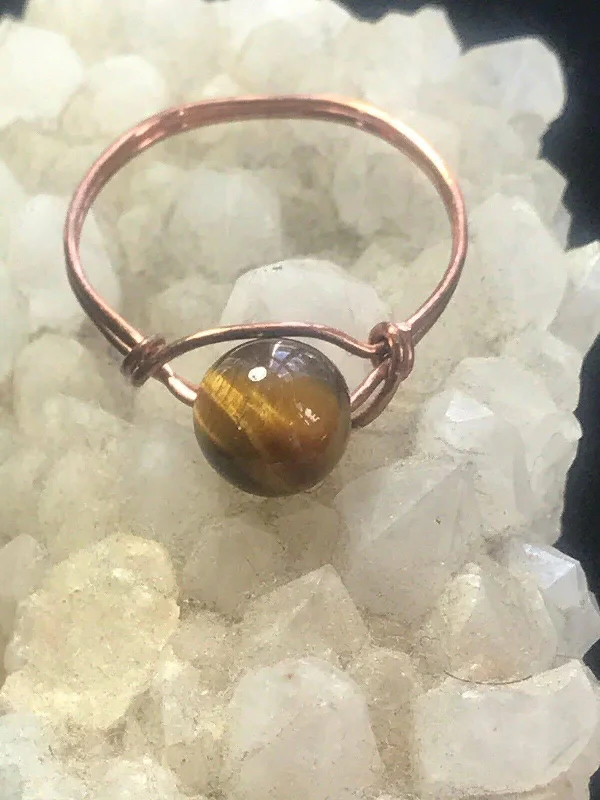 Ladies rings titanium options-Tigers Eye Copper Bead Ring