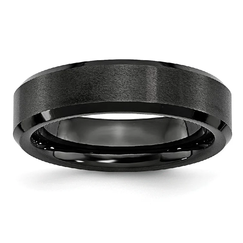 Ladies rings floral accents-Black Ceramic, 6mm Beveled Edge Comfort Fit Band