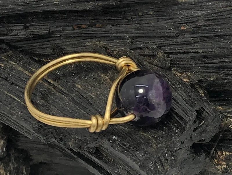 Ladies rings natural stones-Amethyst Brass Bead Ring