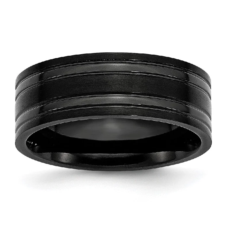 Ladies rings gold-plated-8mm Black Plated Titanium Brushed & Polished Grooved Comfort Fit Band