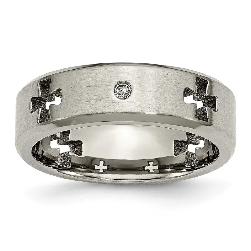 Ladies rings size guide-7mm Titanium 1/10ctw Diamond Cut Out Cross Beveled Edge Band