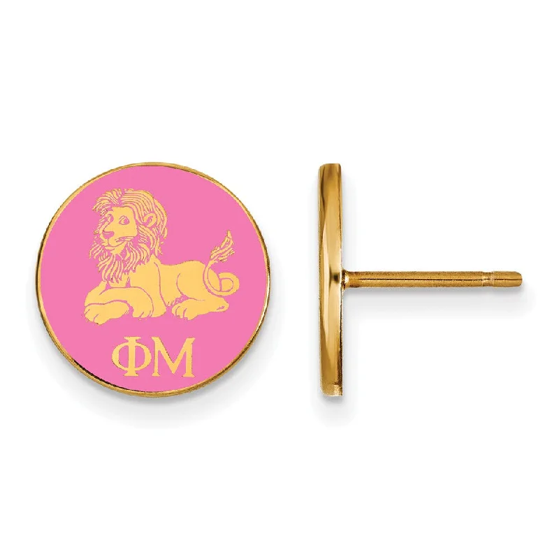 Ladies earrings birthday surprises-14K Plated Silver Phi Mu Pink Enamel Lion Post Earrings