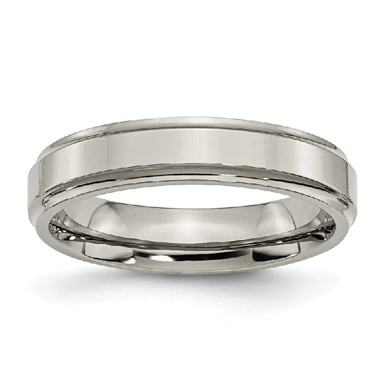 Ladies rings punk flair-5mm Titanium Polished Flat Ridged Edge Standard Fit Band