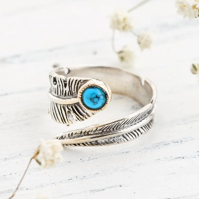 Ladies rings daily wear-Turquoise Crystal Feather Ring