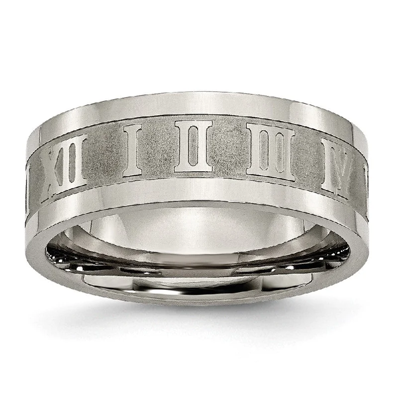 Ladies rings viral picks-8mm Titanium Satin Center Roman Numerals Flat Standard Fit Band