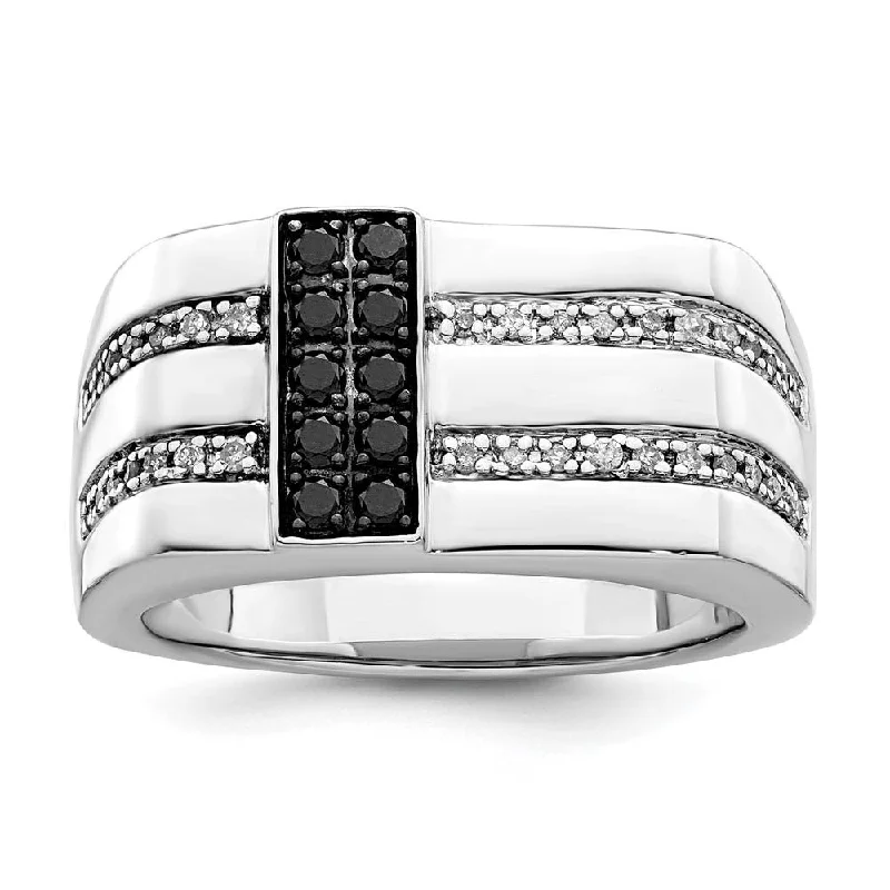 Ladies rings sapphire stones-Mens Sterling Silver 1/2 Ctw White & Black Diamond Flat Top 11mm Band