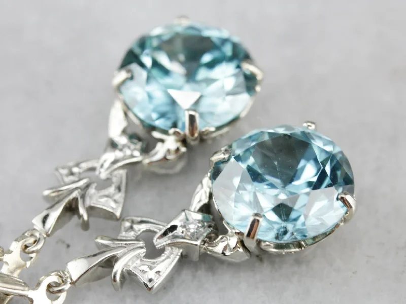 Ladies earrings trending designs-White Gold Blue Zircon Diamond Drop Earrings