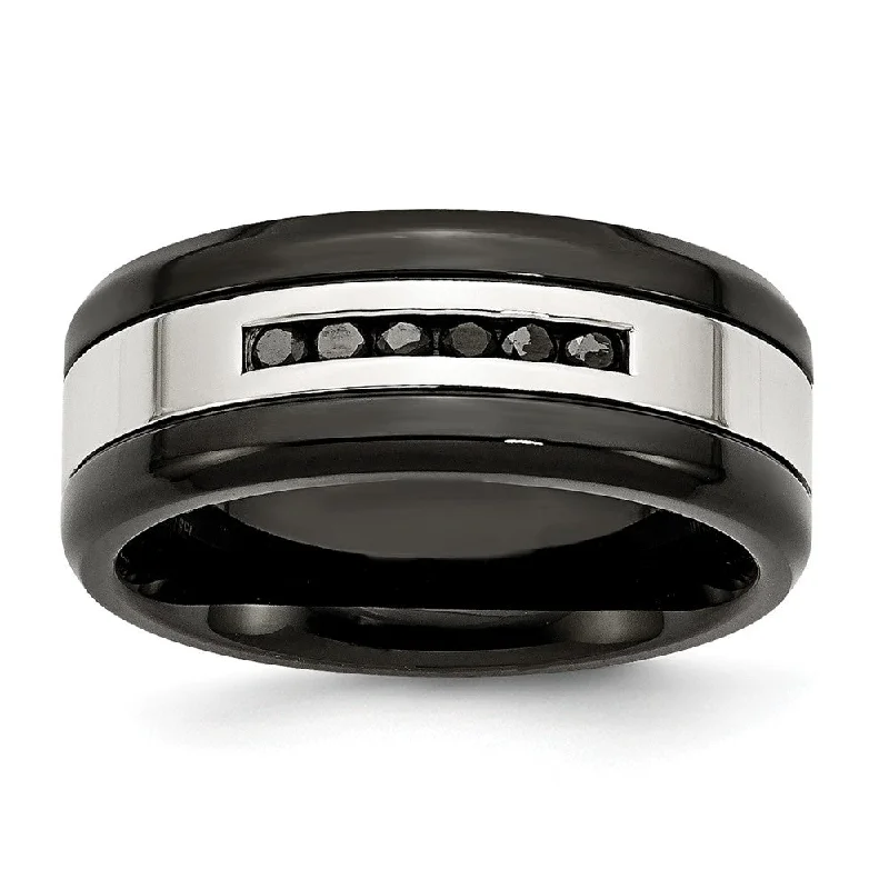 Ladies rings daily wear-9mm Two Tone Stainless Steel & .24 Ctw Black Diamond Comfort Fit Band