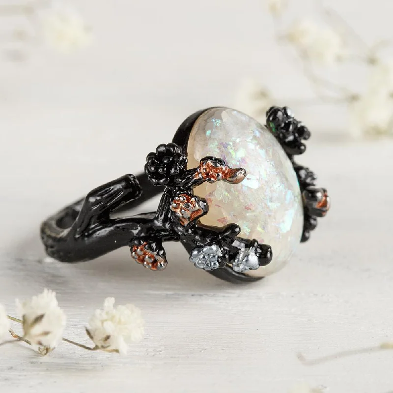 Ladies rings ring finger-Midnight Blossom Opal Crystal Ring