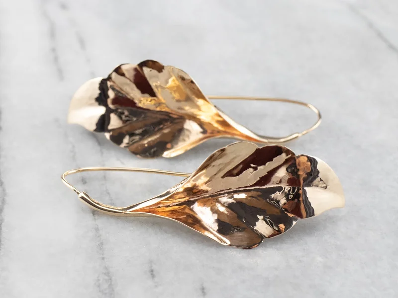 Ladies earrings youthful flair-Large Gold Leaf Drop Earrings