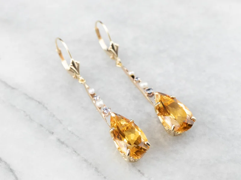 Ladies earrings engraved details-Pear Cut Citrine Gold Bar Drop Earrings