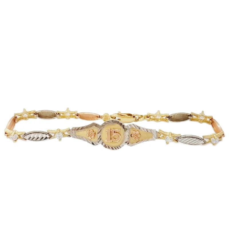 Ladies bracelets anniversary specials-Cubic Zirconia (CZ) 15 Birthday / Quiceañera Tri-Color Gold Bracelet (14K)