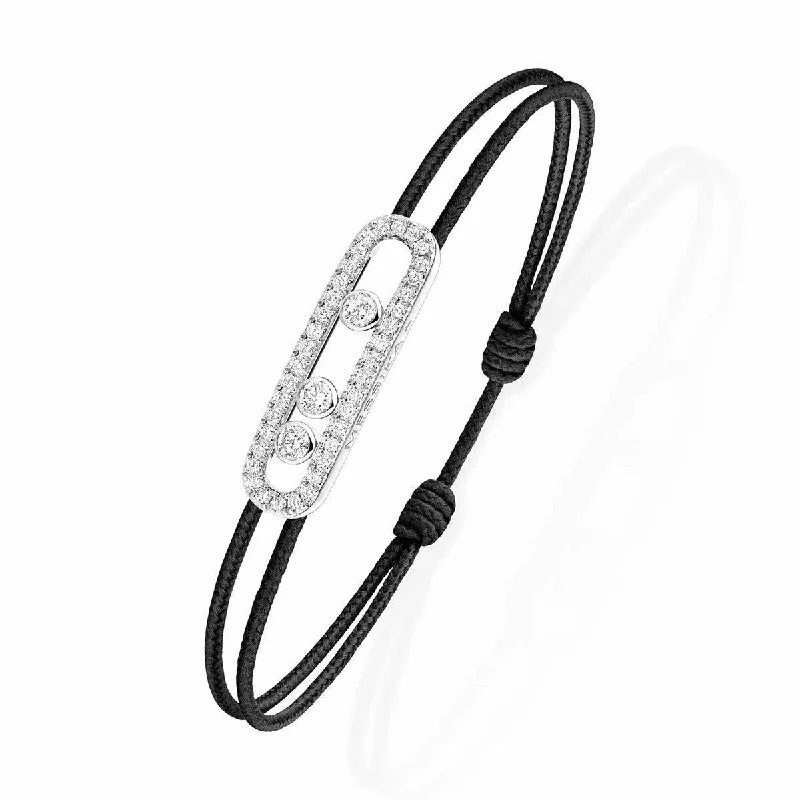 Ladies bracelets proposal surprises-18ct White Gold Pave Diamond Set Messika Cares Black Cord Bracelet