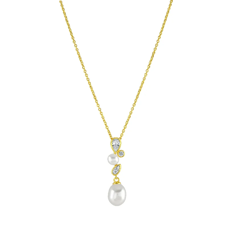 Ladies necklaces global brands-Gold Vermeil Pearl Cubic Zirconia Pendant Necklace