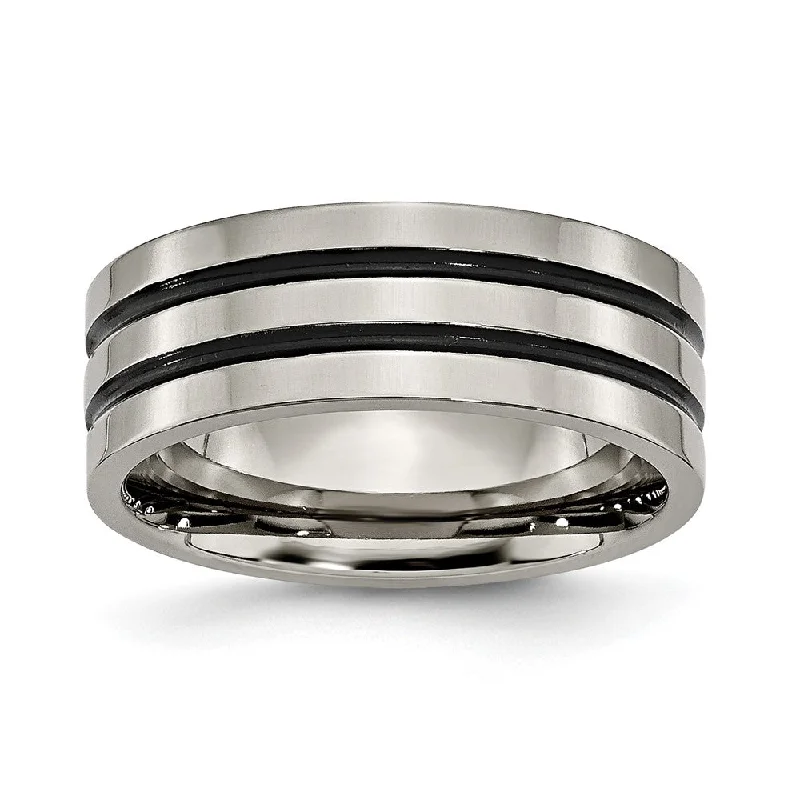 Ladies rings Mother’s Day-8mm Titanium & Black Enamel Polished Grooved Flat Standard Fit Band