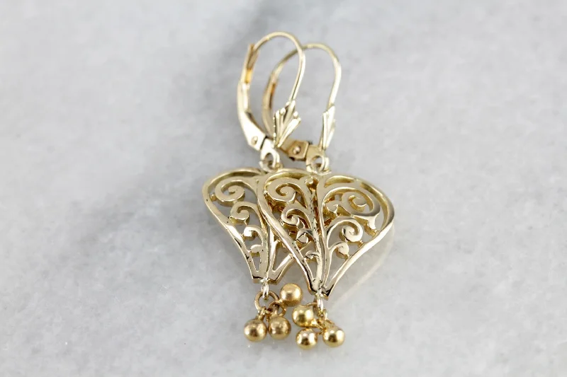 Ladies earrings synthetic jewels-Scrolling Filigree Heart Earrings in Yellow Gold