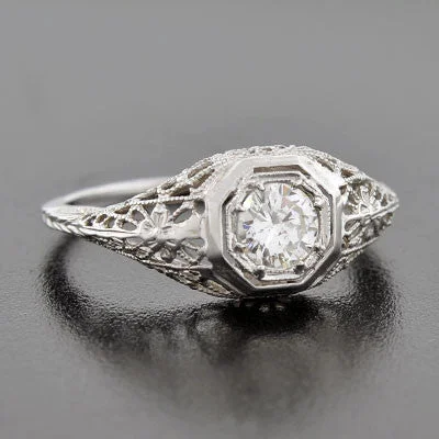 Ladies wedding rings geometric designs-Art Deco 18kt Diamond Engagement Ring .54ct