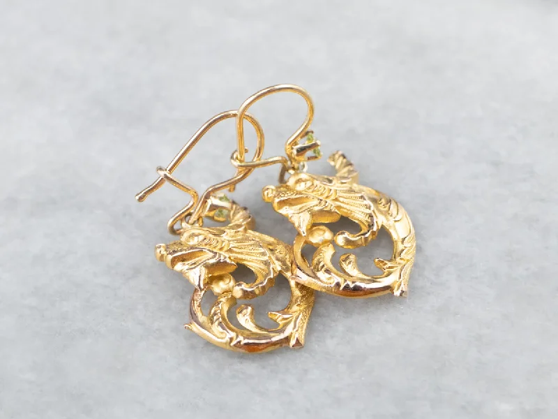 Ladies earrings luxurious designs-Peridot Scrolling Gold Dragon Drop Earrings