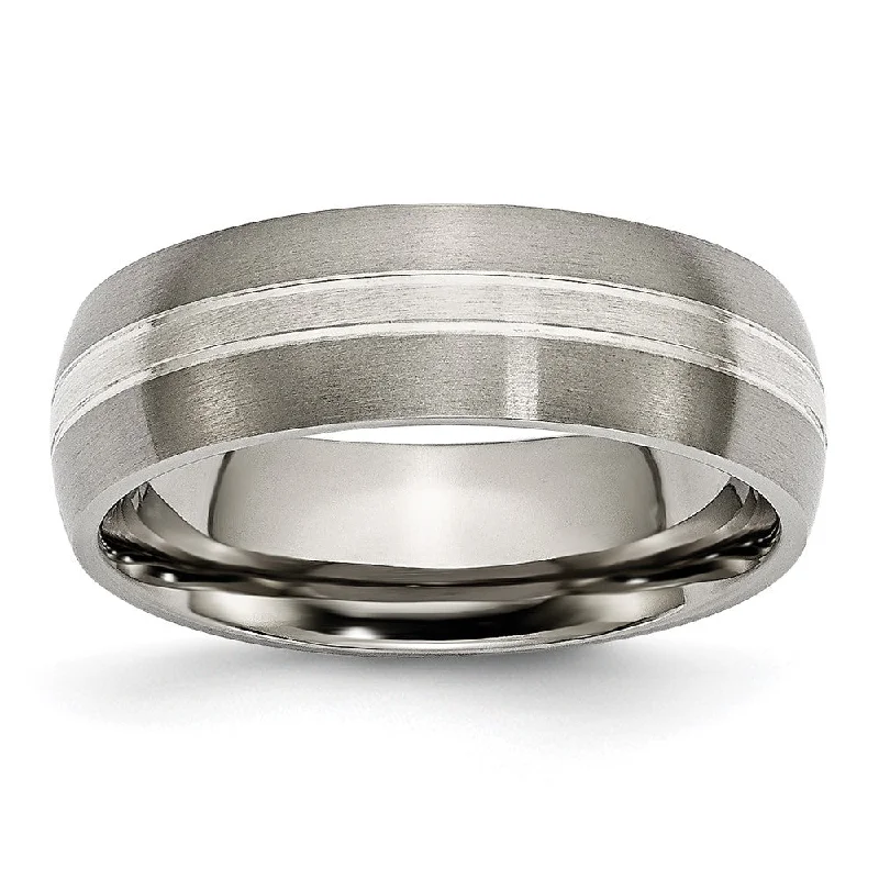 Ladies rings jade accents-7mm Titanium & Sterling Silver Inlay Brushed Grooved Domed Band