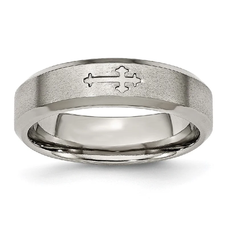 Ladies rings geometric shapes-6mm Titanium Recessed Cross Beveled Edge Standard Fit Band