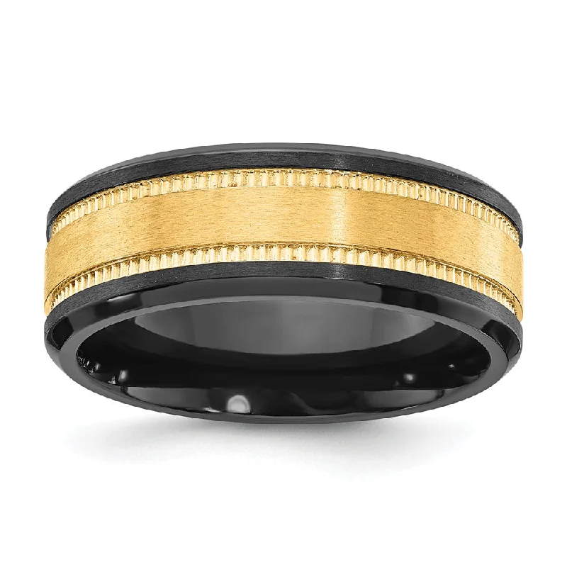 Ladies rings Asian styles-8mm Black Zirconium & Yellow Gold Tone Grooved Standard Fit Band