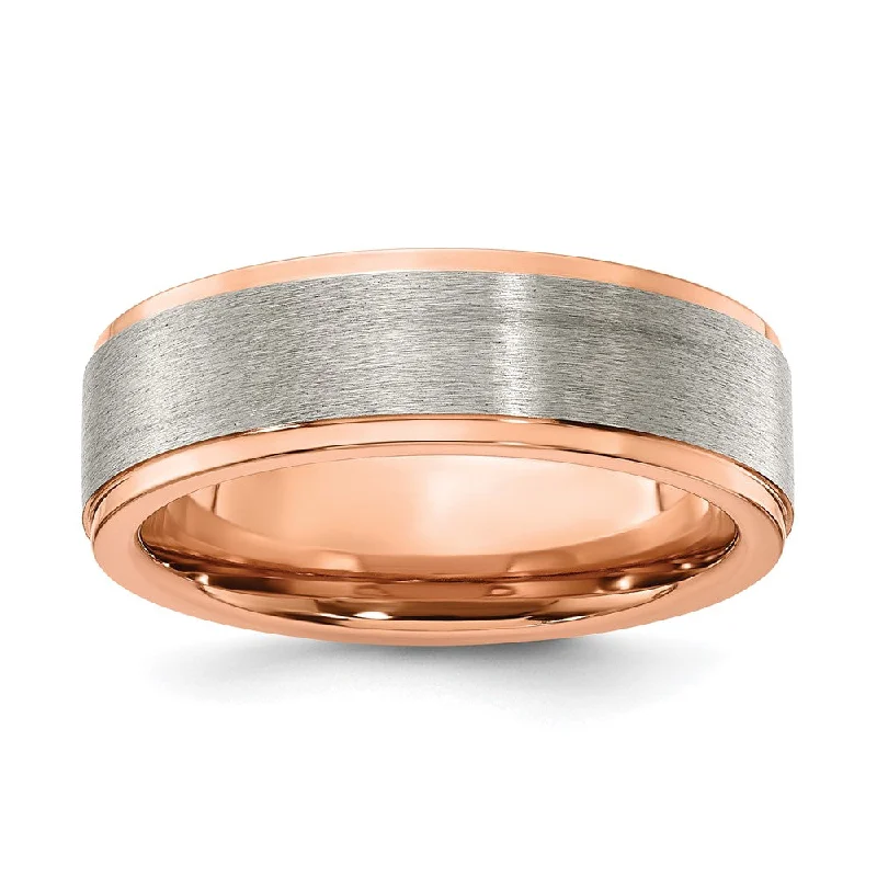 Ladies rings anniversary choices-7mm Titanium & Rose Tone Plated Ridged Edge Standard Fit Band