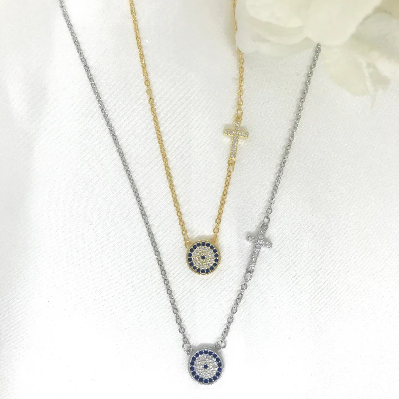 Ladies necklaces viral designs-18k/925 Vermeil CZ Evil Eye and Cross Necklace