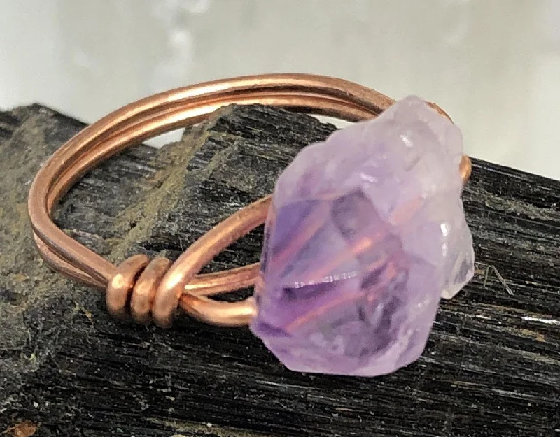 Ladies rings stacking trends-Amethyst Nodule from Madagascar Copper Bead Ring