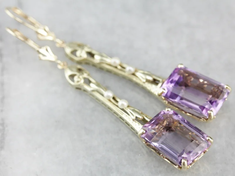 Ladies earrings engagement gifts-Amethyst and Seed Pearl Filigree Drop Earrings