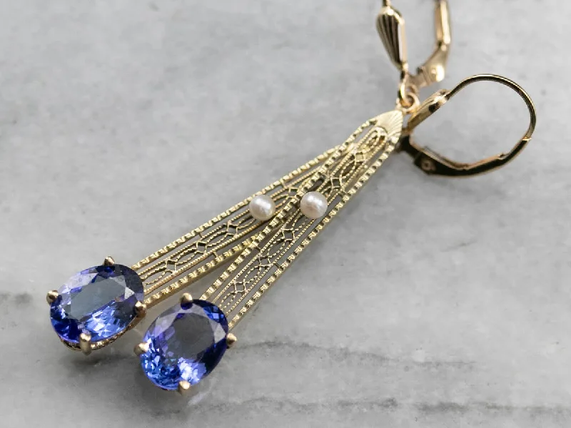 Ladies earrings unique pieces-Our Finest Tanzanite and Pearl Filigree Drop Earrings