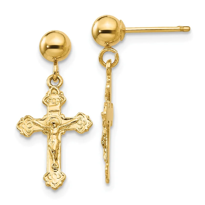 Ladies earrings mature styles-Polished Crucifix Dangle Post Earrings in 14k Yellow Gold