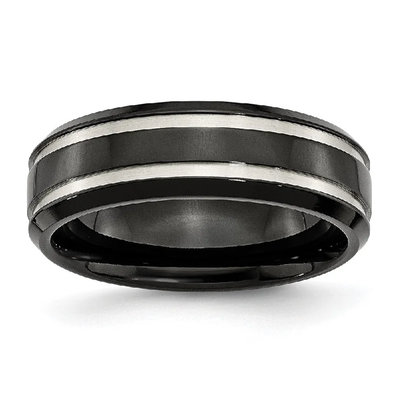 Ladies rings ring finger-Black-Plated Titanium, 7mm Grooved Unisex Comfort Fit Band