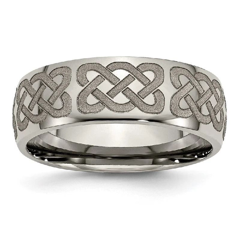 Ladies rings worldwide styles-8mm Titanium Etched & Polished Celtic Design Domed Standard Fit Band