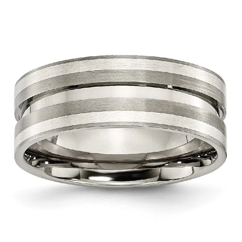 Ladies rings celebrity styles-8mm Titanium & Sterling Silver Inlay Brushed Grooved Standard Fit Band