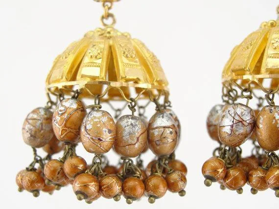 Ladies earrings ethnic patterns-Handblown Glass Gold Chandelier Earrings