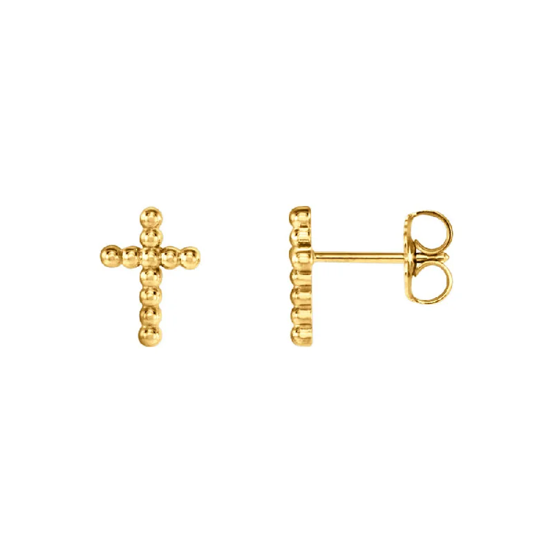 Ladies earrings intricate patterns-9mm Beaded Cross Post Earrings in 14k Yellow Gold