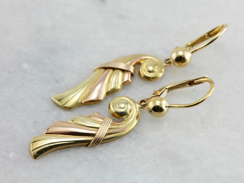 Ladies earrings girlfriend treats-Amazing Retro Era Dangle Earrings, Rose and Yellow Gold Cornucopia Shaped Drops