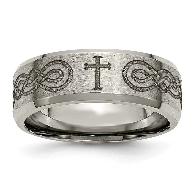 Ladies rings punk flair-8mm Titanium Laser Etched Cross & Scroll Beveled Standard Fit Band