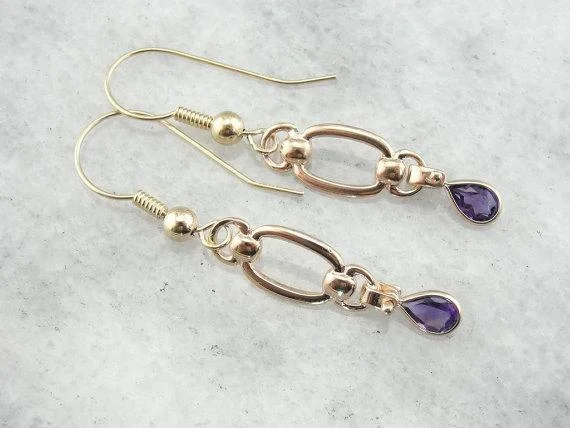 Ladies earrings sterling silver-Amethyst Teardrops and Golden Links, Handcrafted Earrings