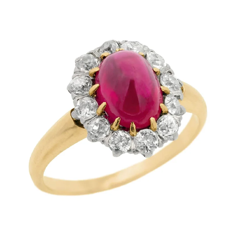 Ladies wedding rings European charm-Victorian 14k/Sterling Silver Ruby Cabochon and Diamond Cluster Engagement Ring