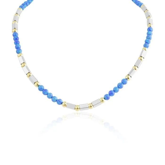 Ladies necklaces personalized-Lavan Light Blue Opal Gold and Silver Necklace