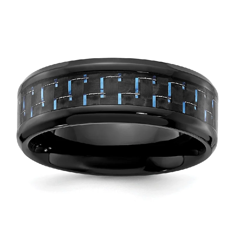 Ladies rings titanium options-8mm Black Plated Titanium Black/Blue Carbon Fiber Beveled Band