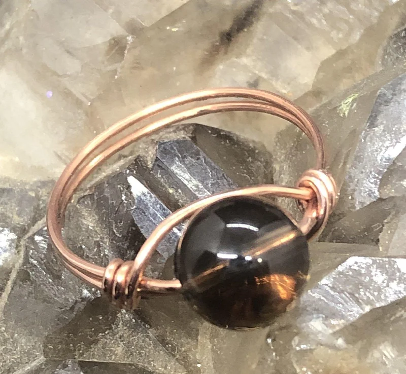 Ladies rings heart shapes-Smoky Quartz Copper Bead Ring