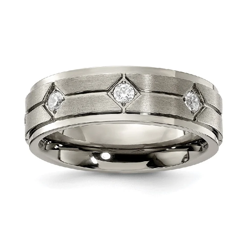 Ladies rings gold styles-7mm Titanium & CZ Ridged Edge Standard Fit Band